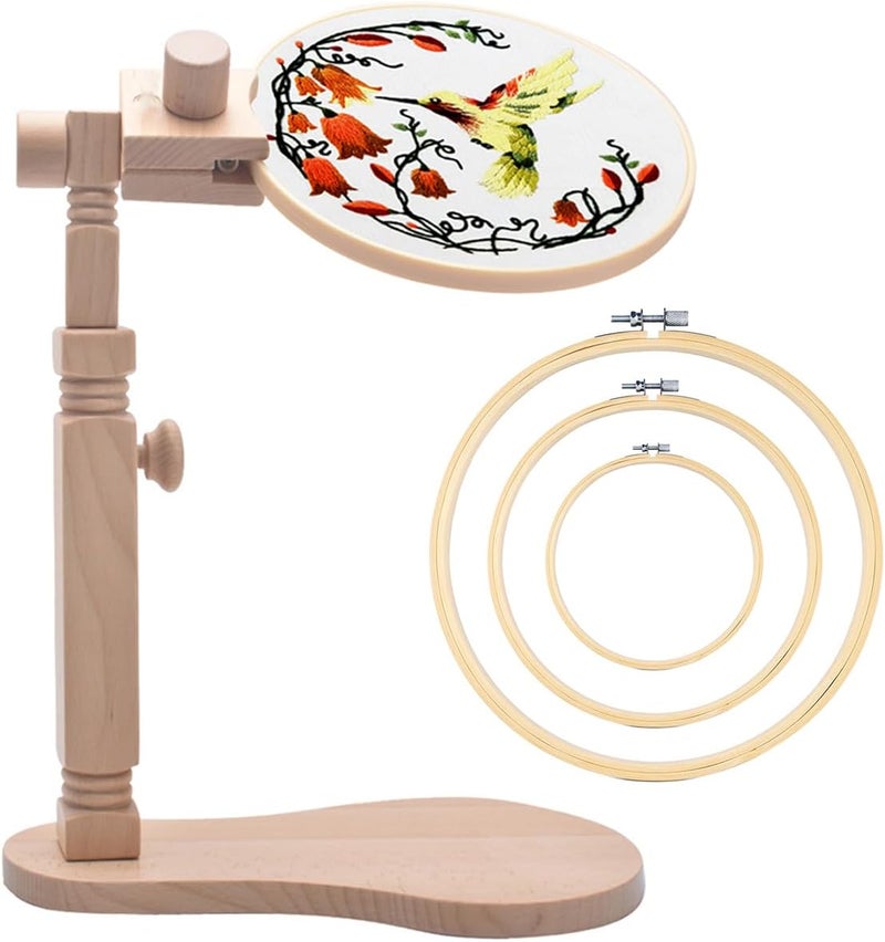 TINDTOP Beech Wood Embroidery Hoop Stand, with 3pcs Embroidery Hoops (3inch + 6inch + 8inch), Adjustable Rotated Wooden Embroidery Hoop Holder for Cross Stitch and Embroidery Projects - Image 1